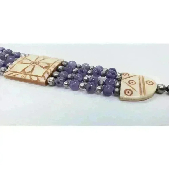 Amethyst & Sterling Silver Bead Bracelet With Resin Accents Multi Strand Vintage - Picture 3 of 10